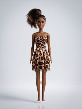 Barbie Doll in Leopard Print Gold & Brown Dress
